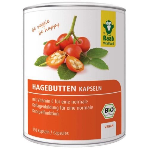 Raab Vitalfood Rosehip Bio 150 capsules – biologisch voedingssupplement met vitamine C uit rozenbottelpoeder.