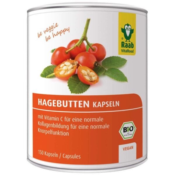 raab-vitalfood-rosehip-bio-150caps Raab Vitalfood Rosehip Bio 150 capsules – biologisch voedingssupplement met vitamine C uit rozenbottelpoeder.